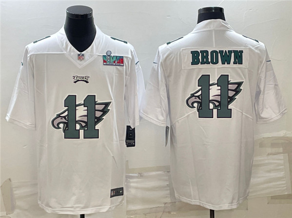 Men's Philadelphia Eagles #11 A. J. Brown Super Bowl LVII Patch White Shadow Logo Limited Stitched Jersey